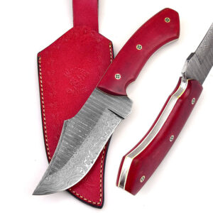 White Deer  Damascus Steel Knife Bison Hunter Micarta Red Handle