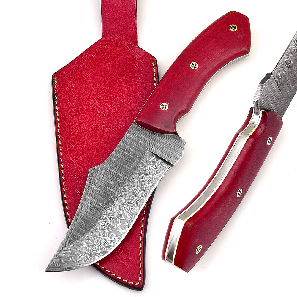White Deer  Damascus Steel Knife Bison Hunter Micarta Red Handle