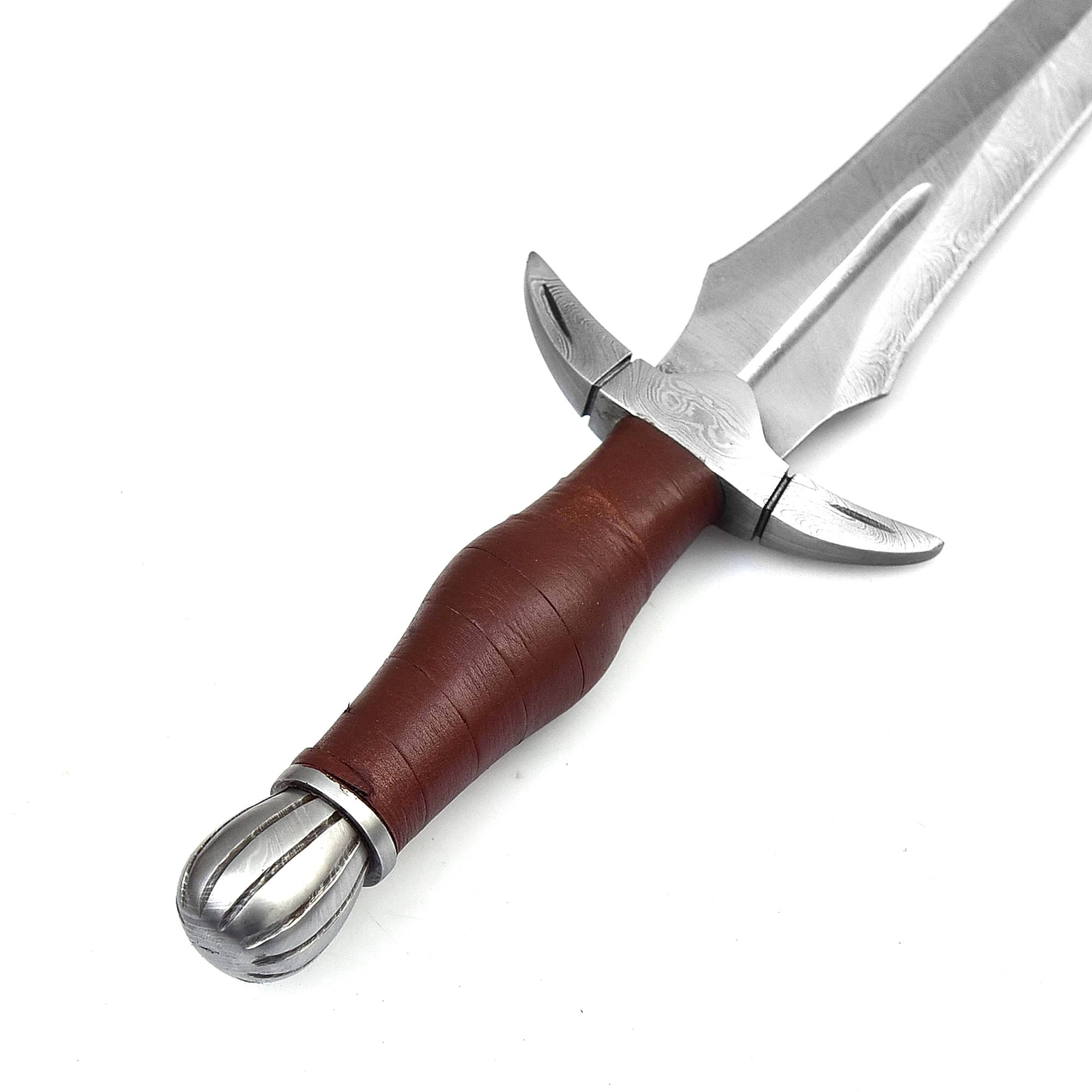 Viking Custom Made Damascus Bolster Steel Medieval Sword Brown Leather Handle