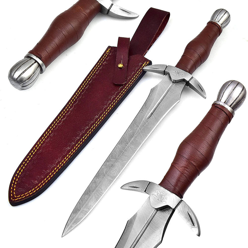 Viking Custom Made Damascus Bolster Steel Medieval Sword Brown Leather Handle