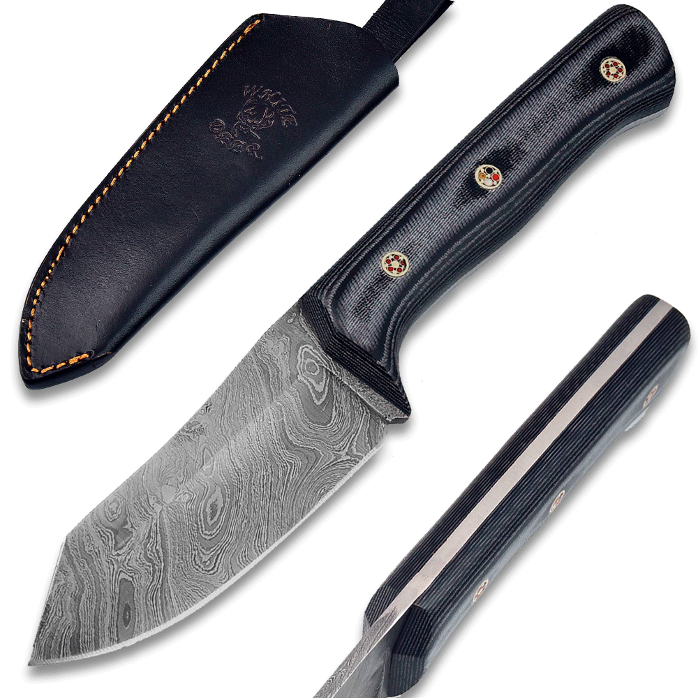 White Deer  Damascus Hand Forge Japanese Hunter Micarta Black Handle