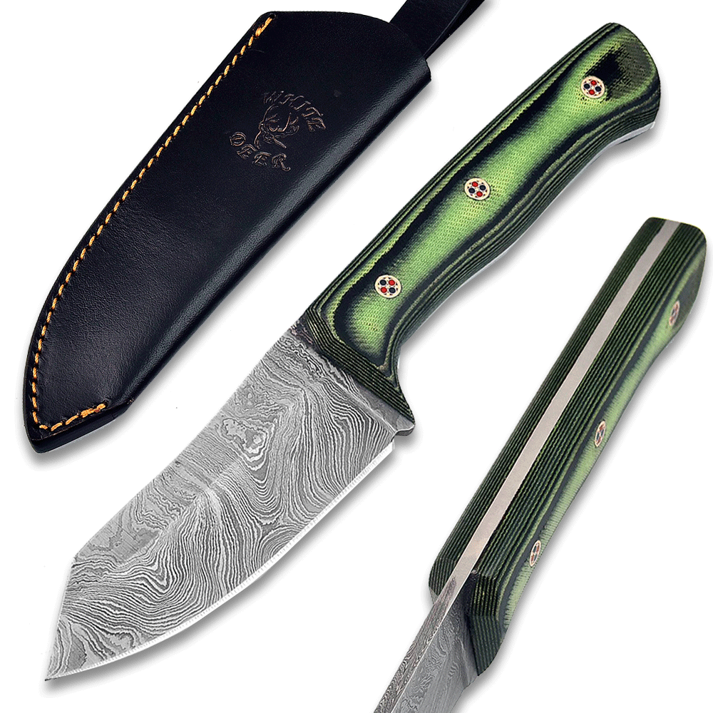 White Deer  Damascus Hand Forge Japanese Hunter Knife Micarta Green Handle