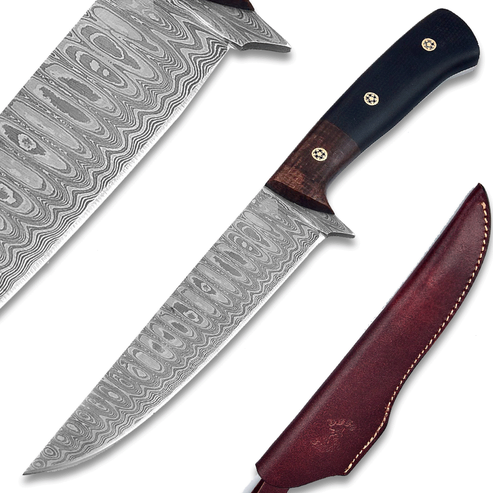White Deer Custom Handmade Damascus Chef Knife Black And Brown Micarta Wood