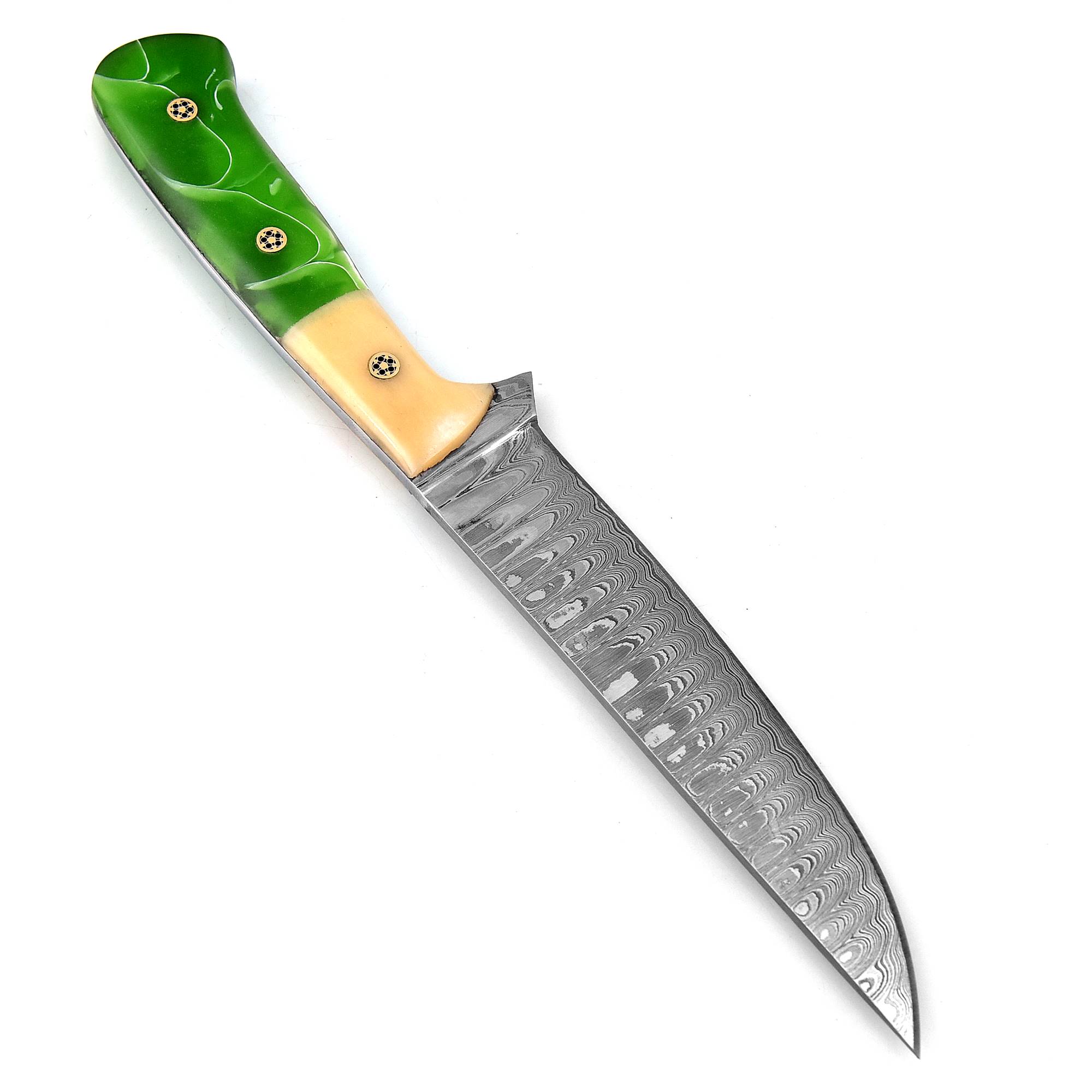 White Dear Handmade Damascus  Chef Knife Green Whit Bone Handle
