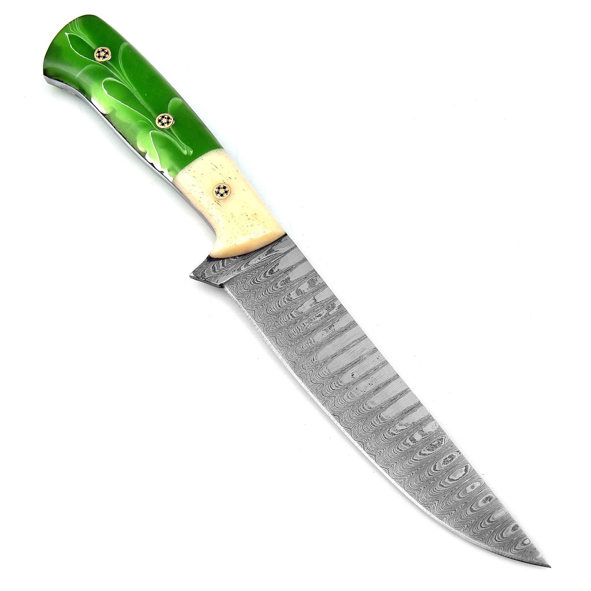 White Dear Handmade Damascus  Chef Knife Green Whit Bone Handle