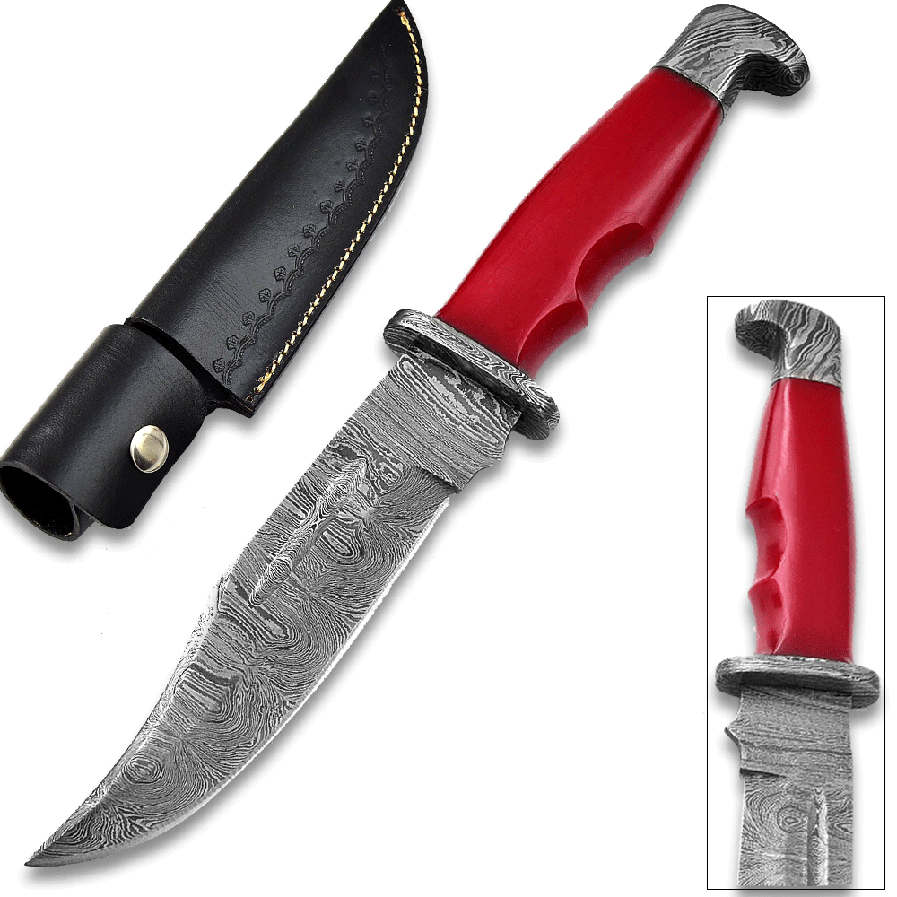 Custom Damascus Steel Bowie Knif  Damascus Bolster Red Resin Handle