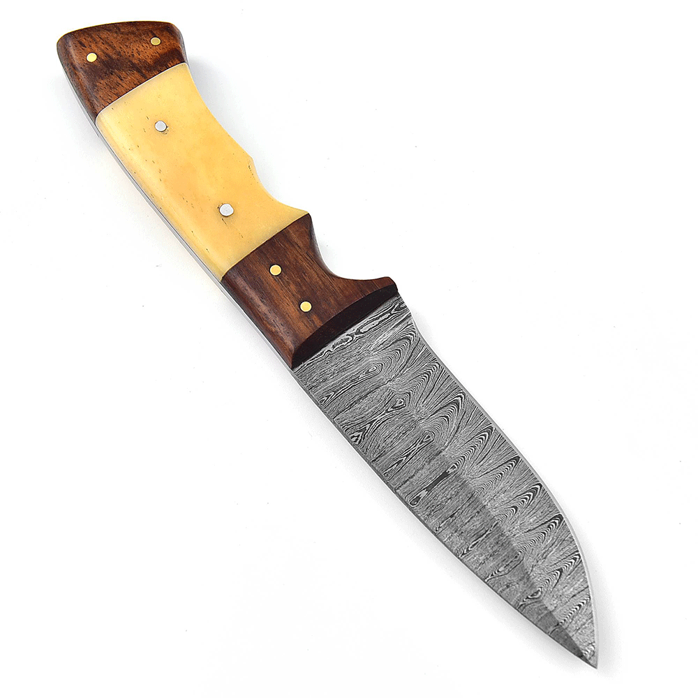 White Deer Custom Made Damascus Skinner Knife Bone And Cocobolo Wood Handle