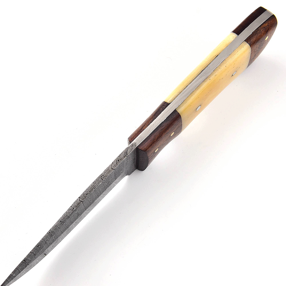 White Deer Custom Made Damascus Skinner Knife Bone And Cocobolo Wood Handle