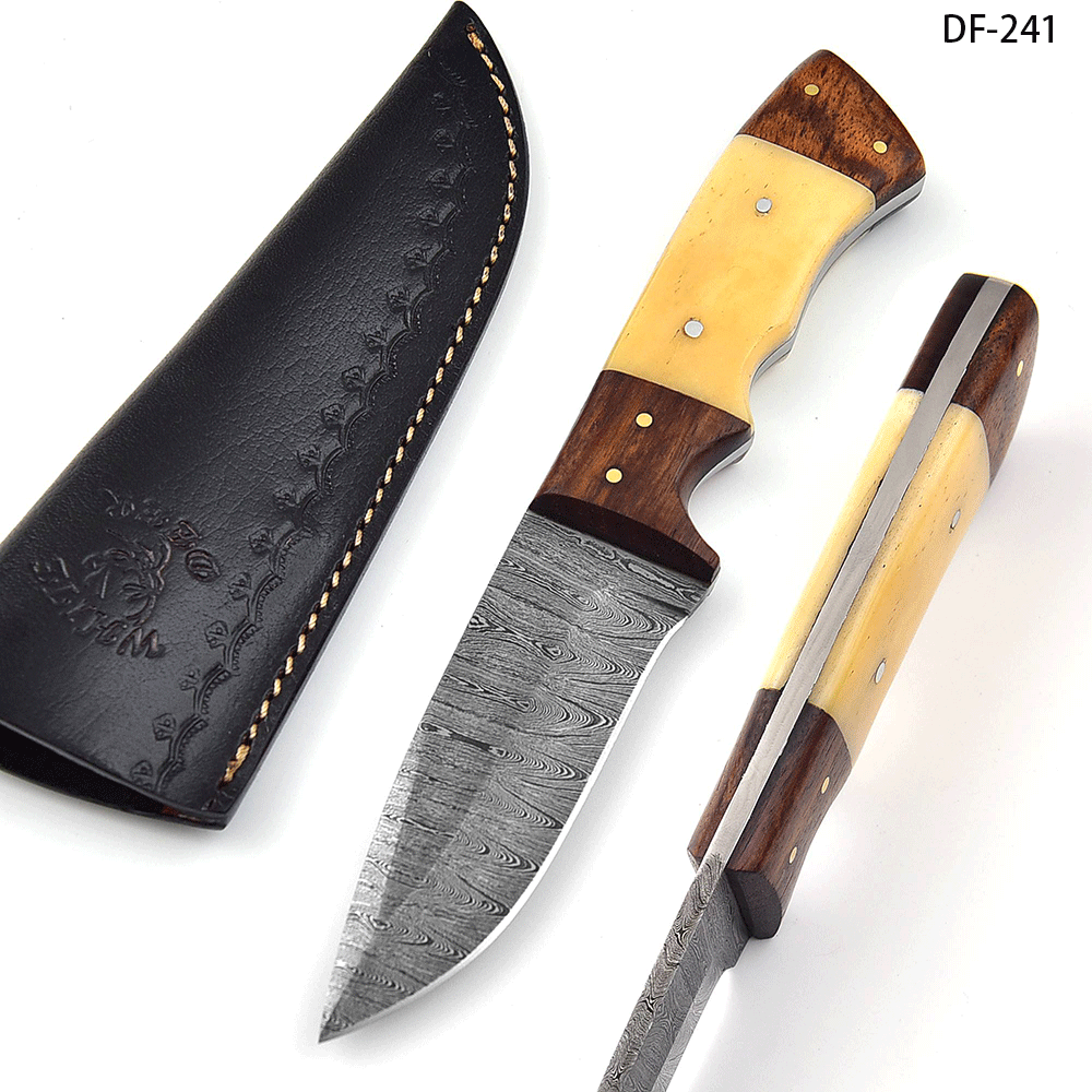 White Deer Custom Made Damascus Skinner Knife Bone And Cocobolo Wood Handle