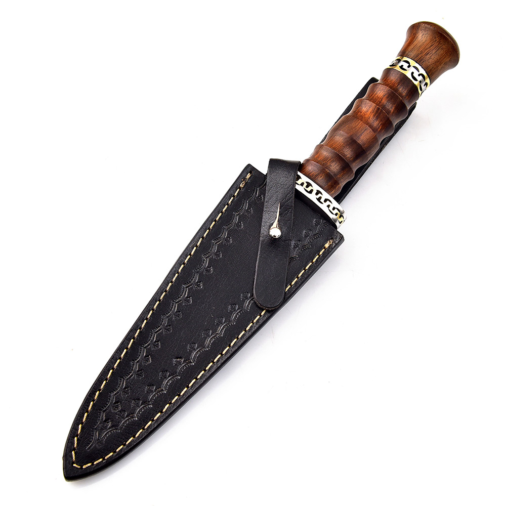 Unique Round Handle Dark Wood Custom Damascus Double Edge Dagger