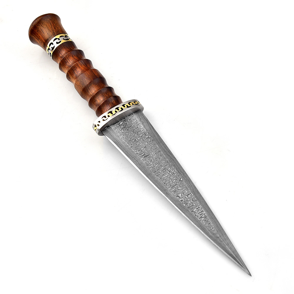 Unique Round Handle Dark Wood Custom Damascus Double Edge Dagger