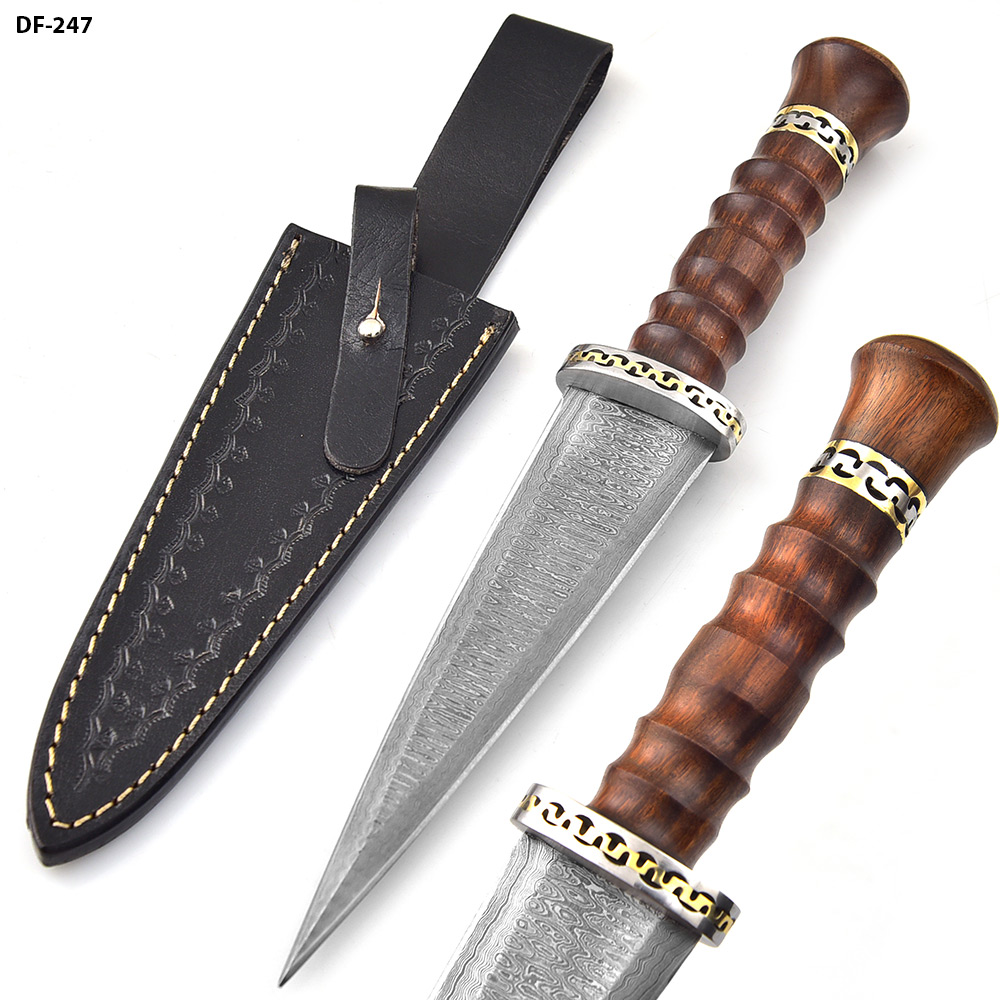 Unique Round Handle Dark Wood Custom Damascus Double Edge Dagger