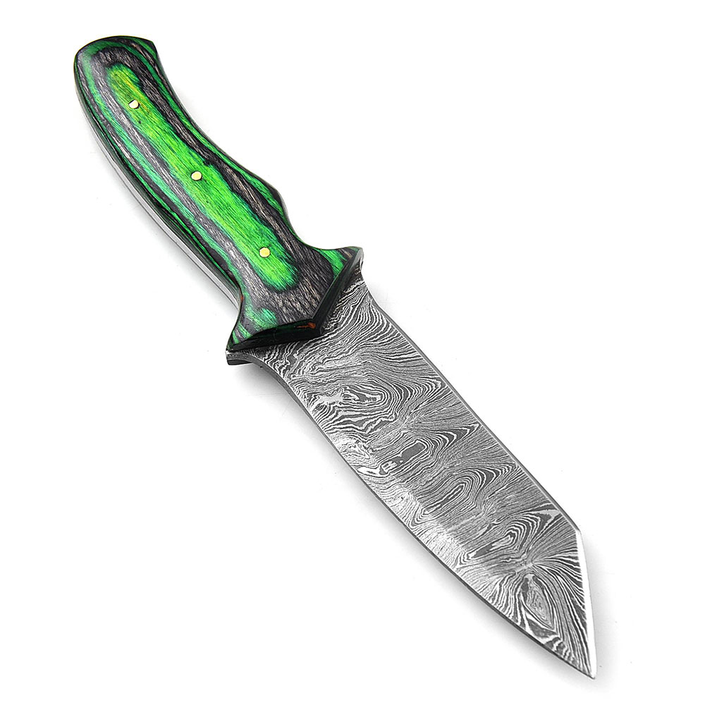 White Deer Tracker Tanto Point  Damascus Hand Forge Skinner Knife Green Wood Handle