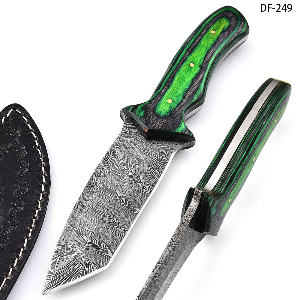 White Deer Tracker Tanto Point  Damascus Hand Forge Skinner Knife Green Wood Handle