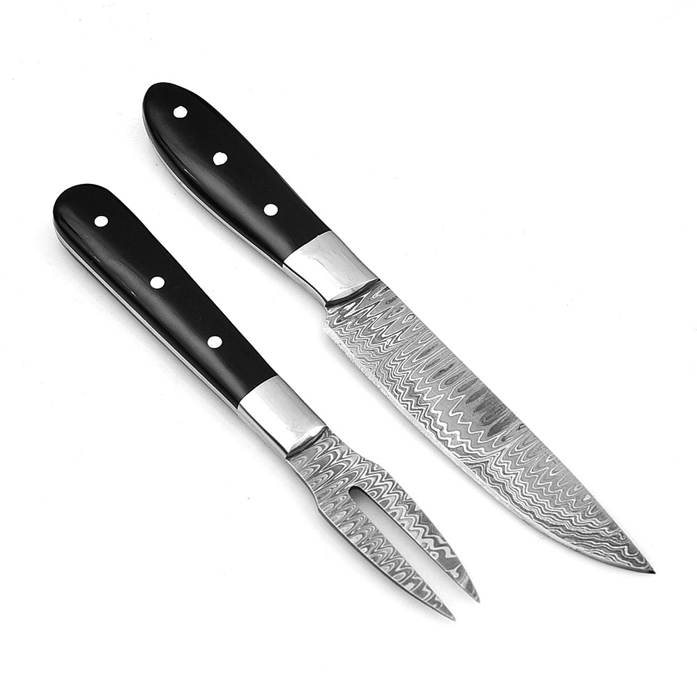 Paring Knife & fork Set Pro Chef Cutlery Damascus Steel Buffalo Horn Handle 1095 HC