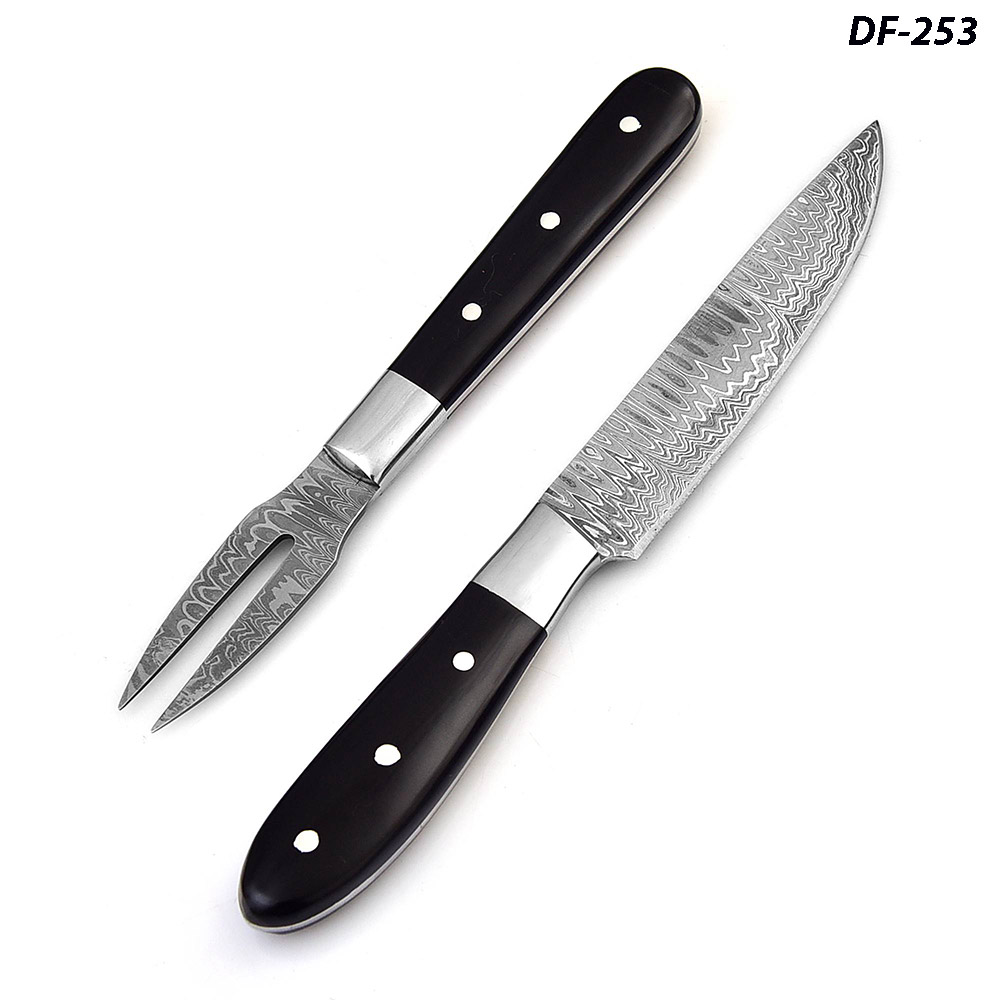 Paring Knife & fork Set Pro Chef Cutlery Damascus Steel Buffalo Horn Handle 1095 HC