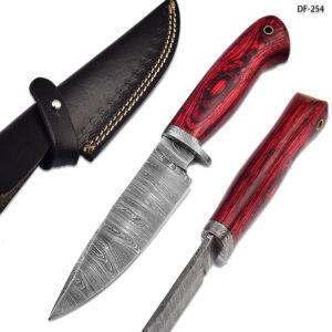 White Deer Damascus Bolster Hand Forge  Hunter Knife Red Frost Wood Handle