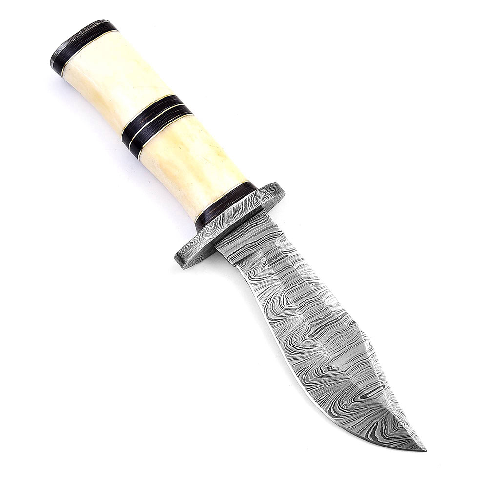 White Deer Crocodile Dundee Damascus Bolster Hand Forge Ranger Knife Bone Handle