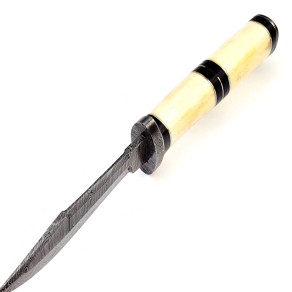 White Deer Crocodile Dundee Damascus Bolster Hand Forge Ranger Knife Bone Handle