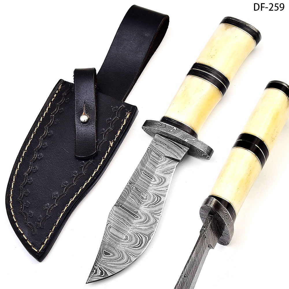 White Deer Crocodile Dundee Damascus Bolster Hand Forge Ranger Knife Bone Handle