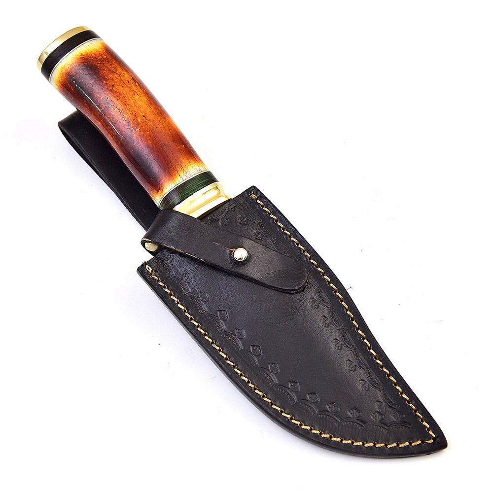 Custom Made Damascus Steel Hunting Knife w/ Camel Bone Handle