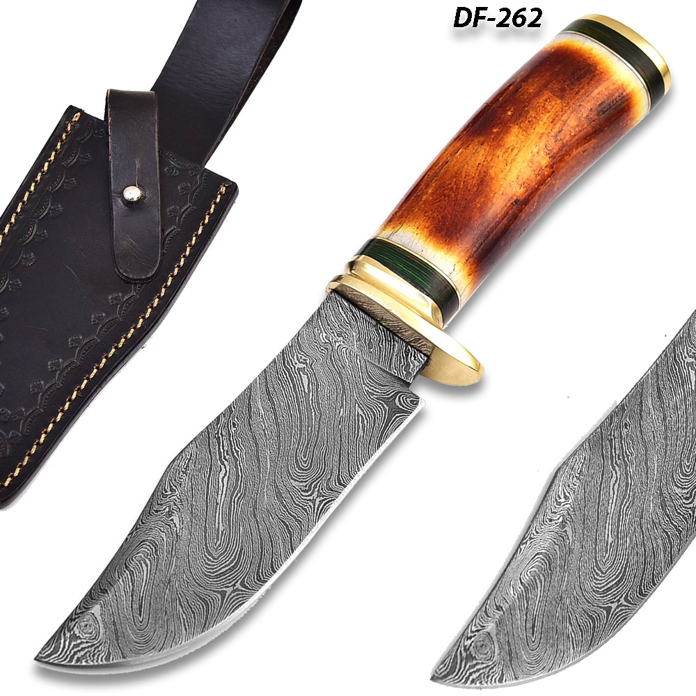 Custom Made Damascus Steel Hunting Knife w/ Camel Bone Handle