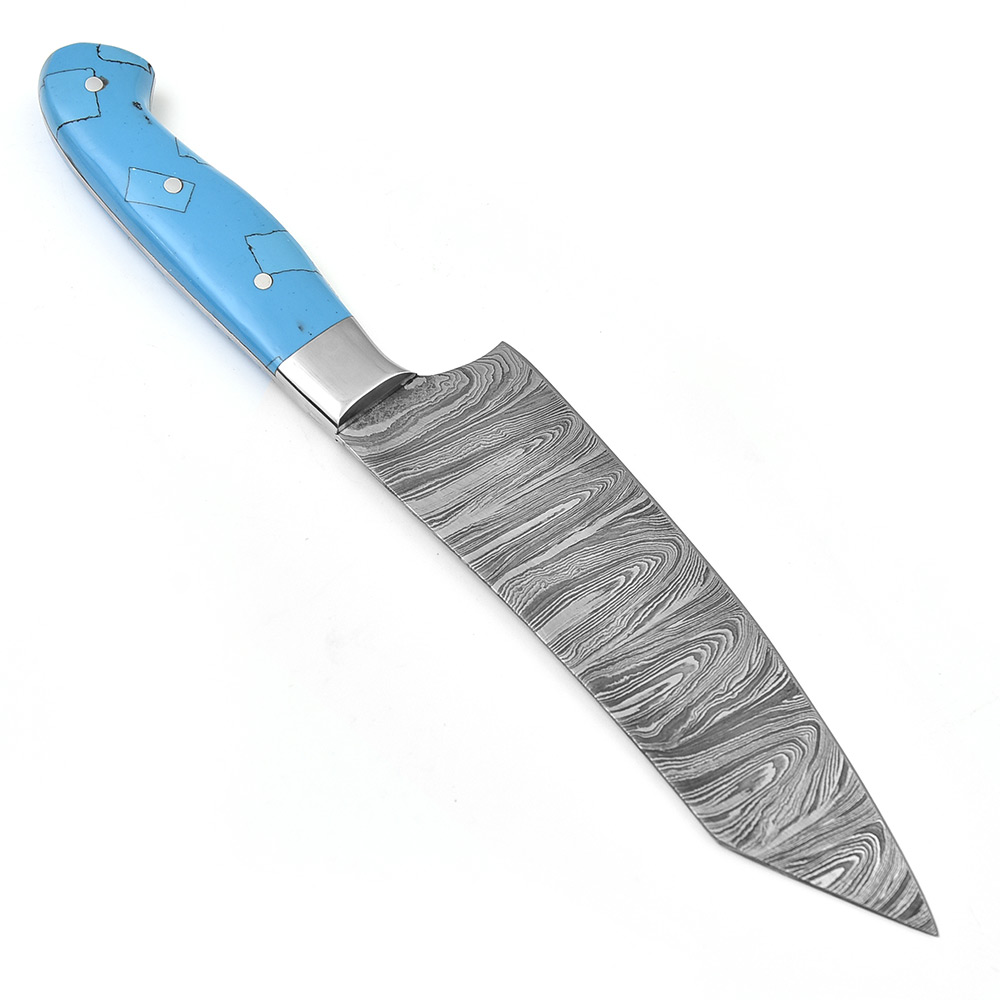 Santoku Forged Chef Knife Damascus Steel Blue Resin Grips