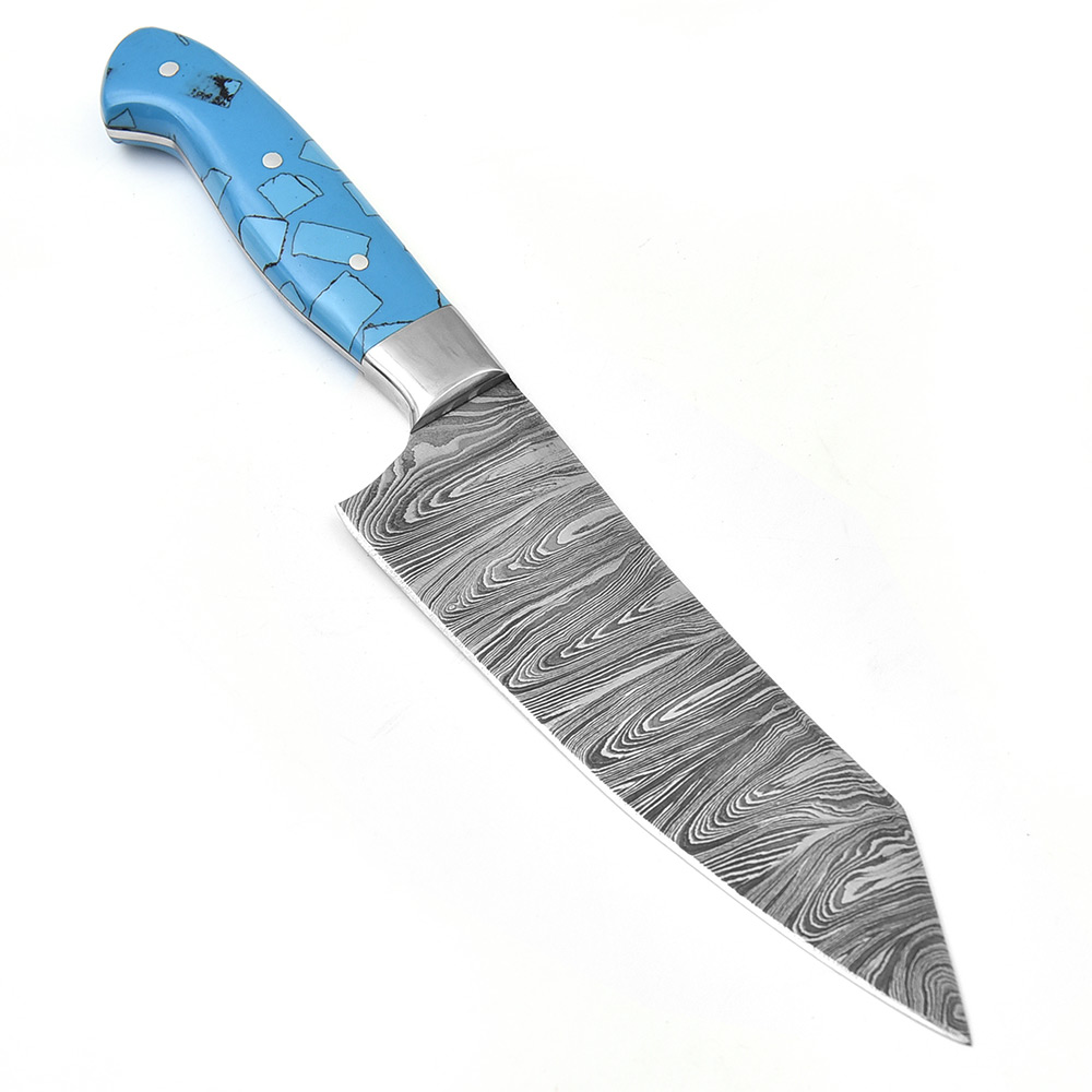 Santoku Forged Chef Knife Damascus Steel Blue Resin Grips