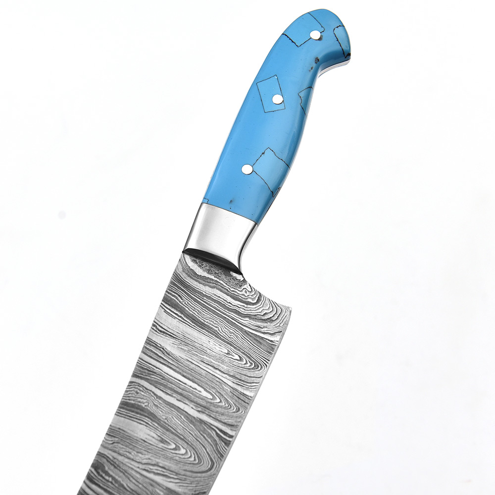 Santoku Forged Chef Knife Damascus Steel Blue Resin Grips
