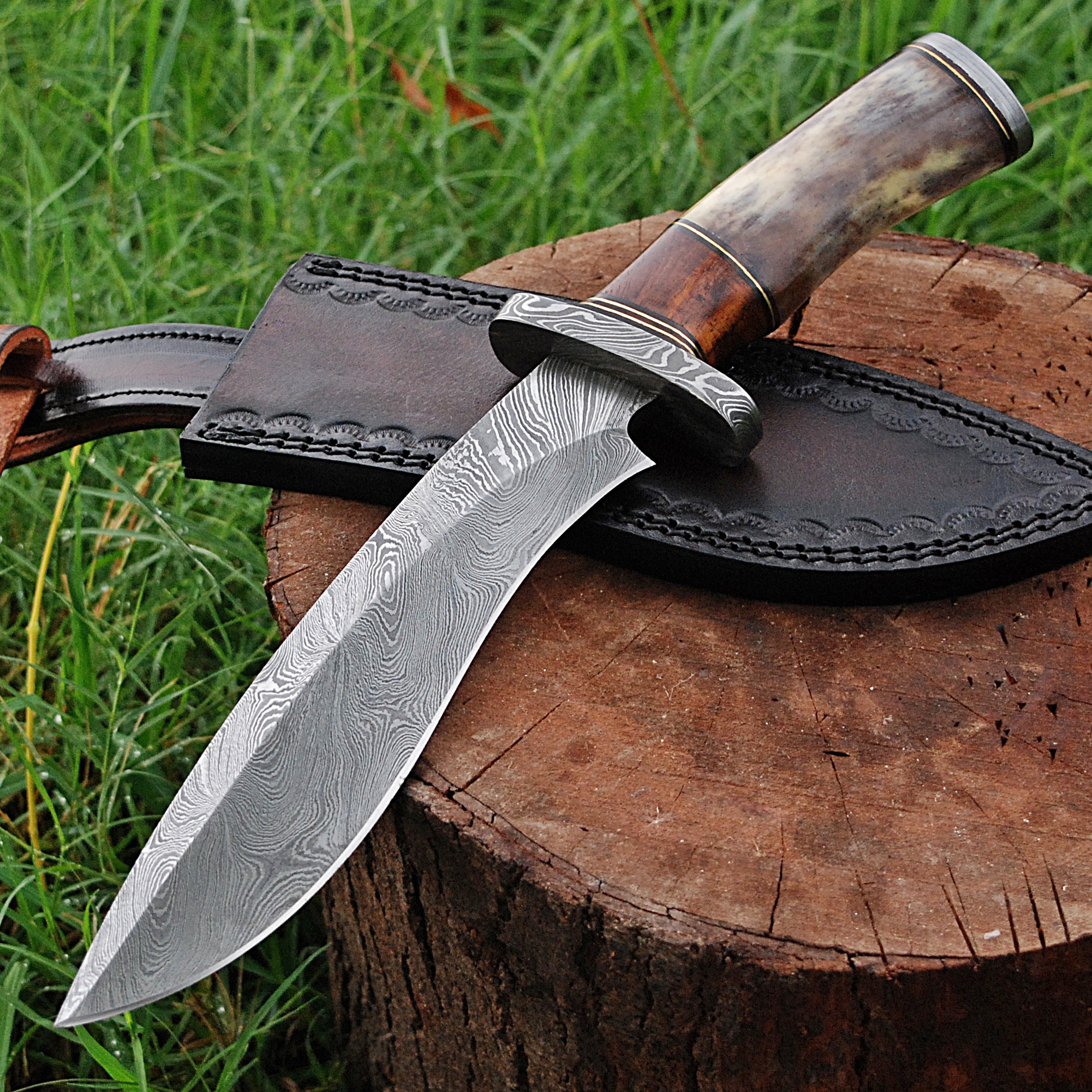 Custom Made Damascus Steel Kukri Knife w/ Wood & Camel Bone