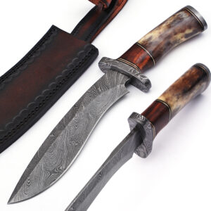 Custom Made Damascus Steel Kukri Knife w/ Wood & Camel Bone