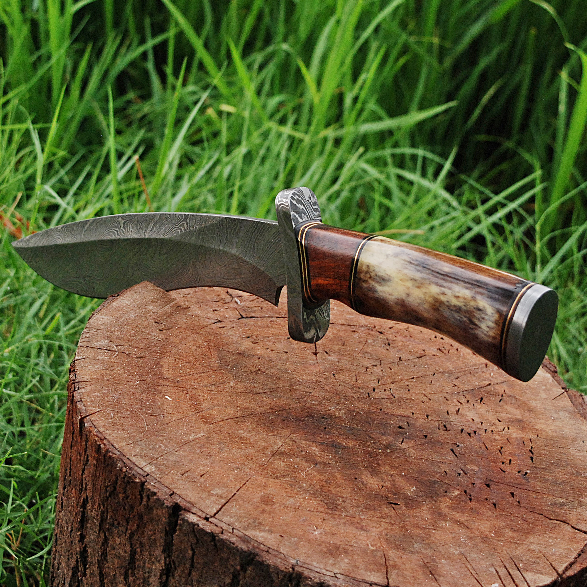 Custom Made Damascus Steel Kukri Knife w/ Wood & Camel Bone