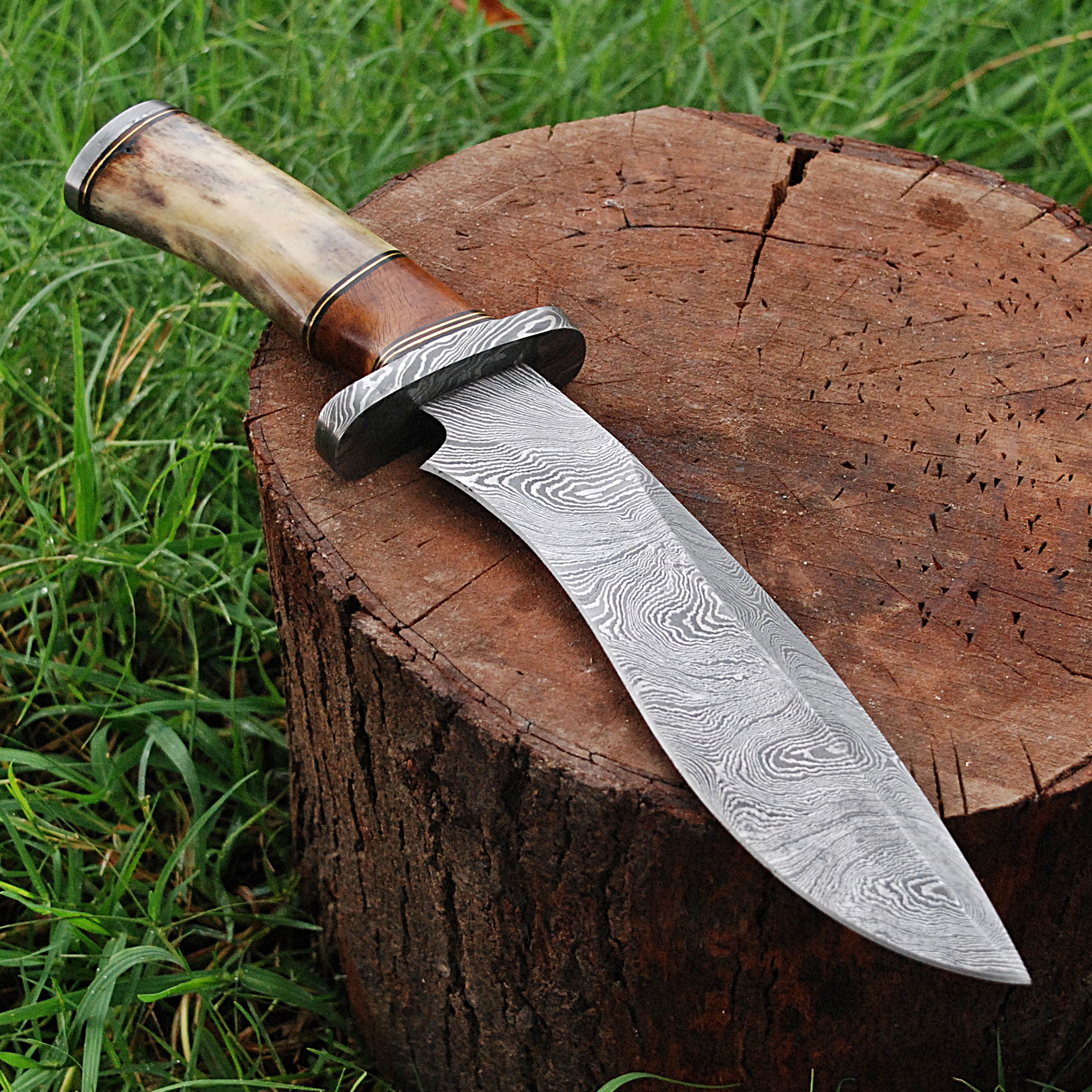 Custom Made Damascus Steel Kukri Knife w/ Wood & Camel Bone