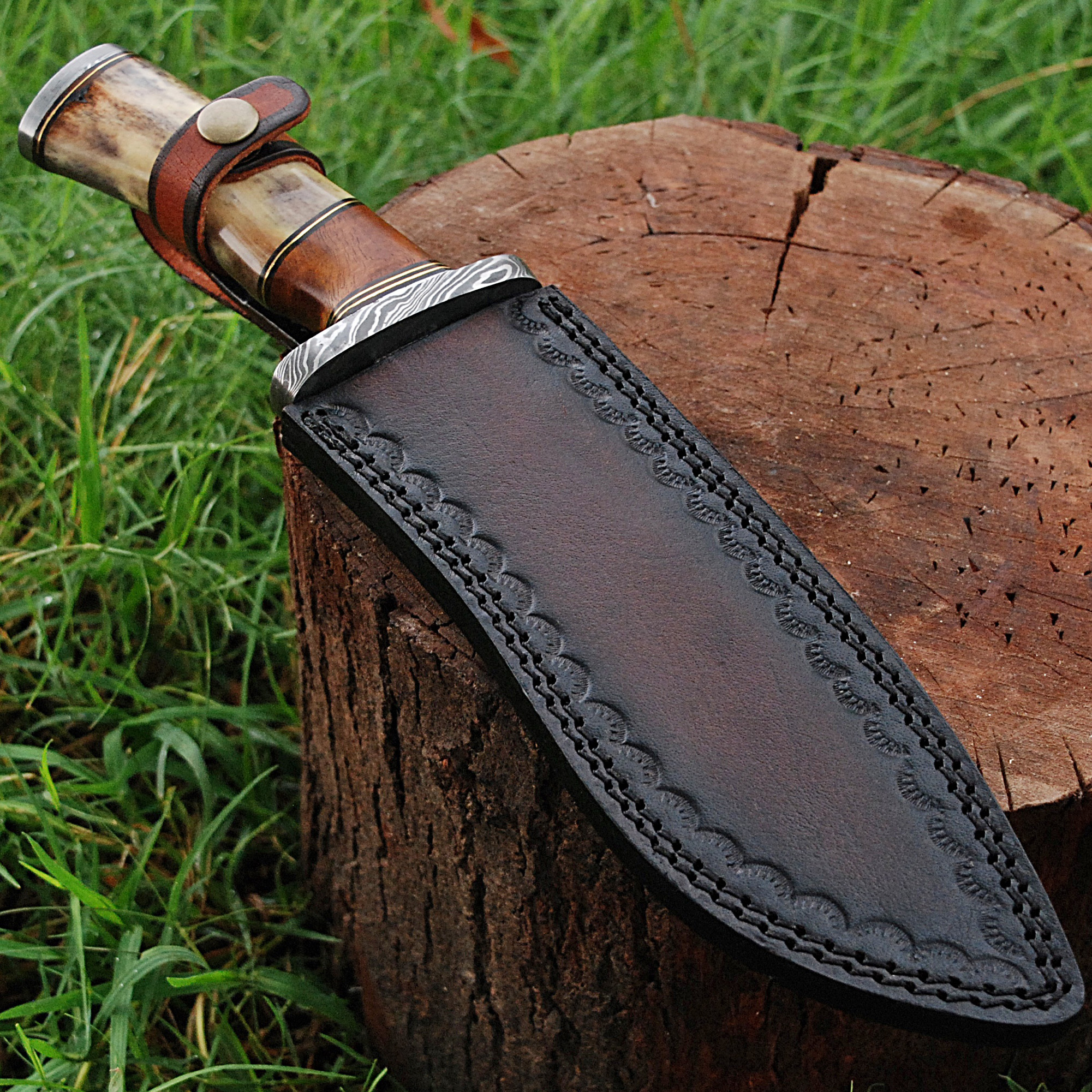 Custom Made Damascus Steel Kukri Knife w/ Wood & Camel Bone