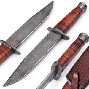 White Deer Custom Made Blue Mountain Damascus Steel Knife with Leather Handle