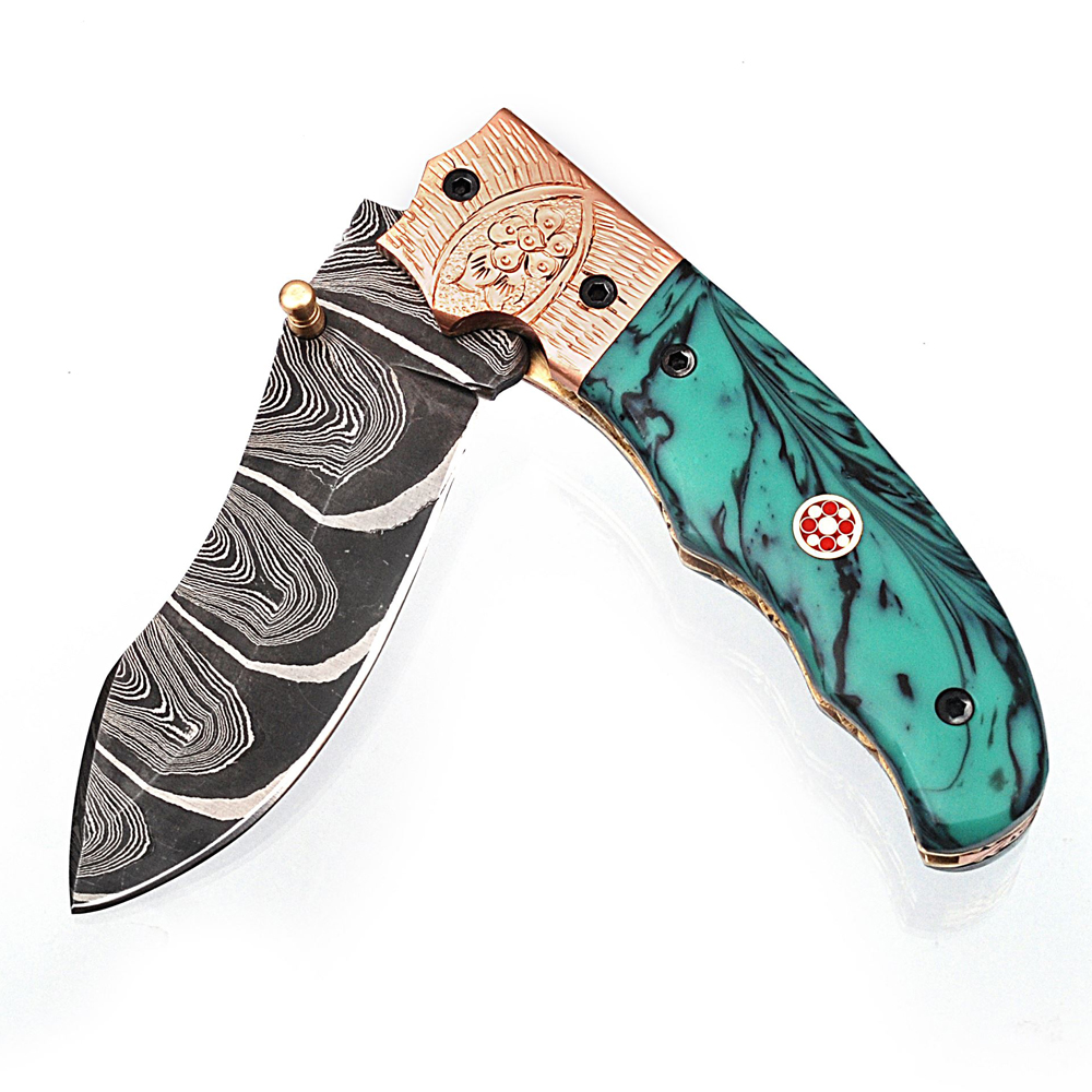 White Deer Executive Marble Series Damascus Folding Knife Brass & Copper File work