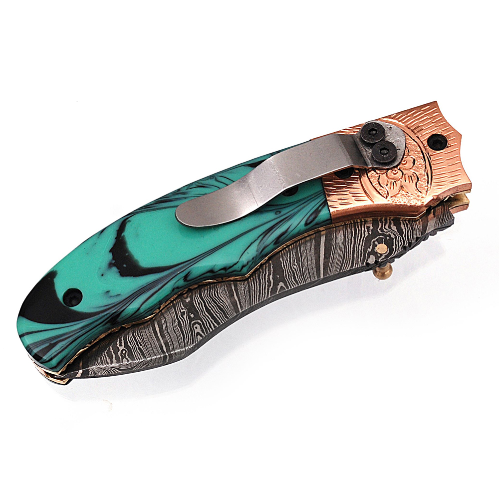 White Deer Executive Marble Series Damascus Folding Knife Brass & Copper File work