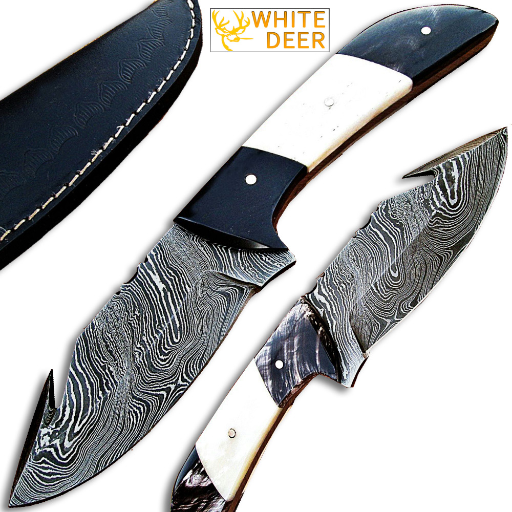 White Deer Custom Damascus Steel Skinner Knife (with Gut Hook Limited Edition