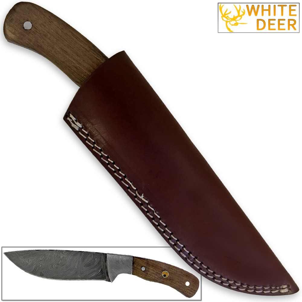 WHITE DEER Hunters Legend Damascus Steel Knife Walnut Wood Handle & Mosaic Pin