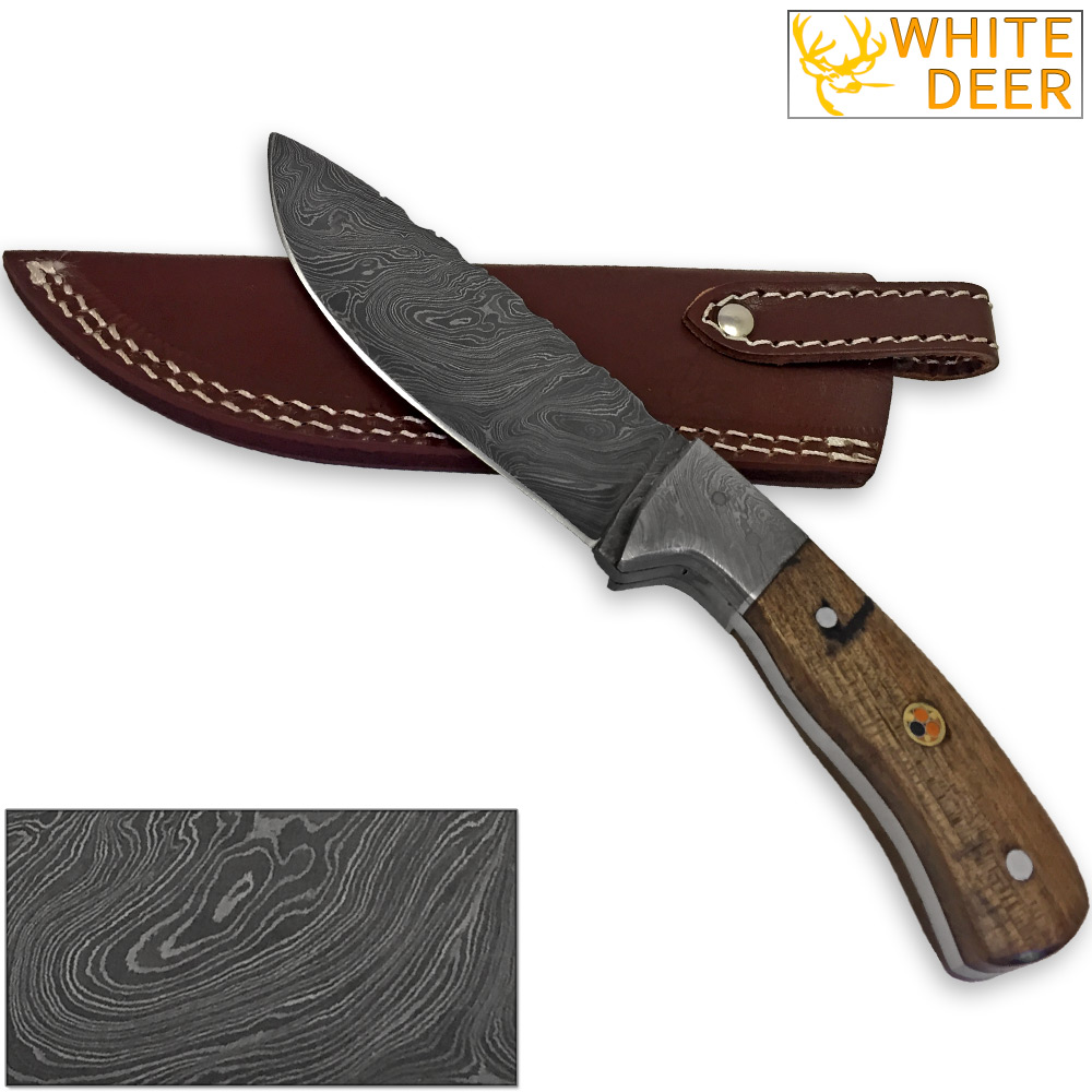WHITE DEER Hunters Legend Damascus Steel Knife Walnut Wood Handle & Mosaic Pin