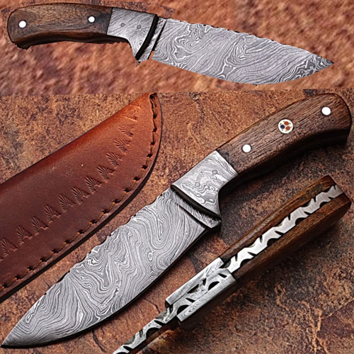 WHITE DEER Hunters Legend Damascus Steel Knife Walnut Wood Handle & Mosaic Pin
