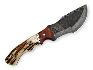 Custom Made Stag Handle Hammered Damascus Tracker Knife