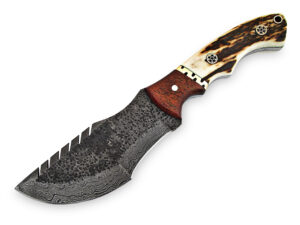 Custom Made Stag Handle Hammered Damascus Tracker Knife