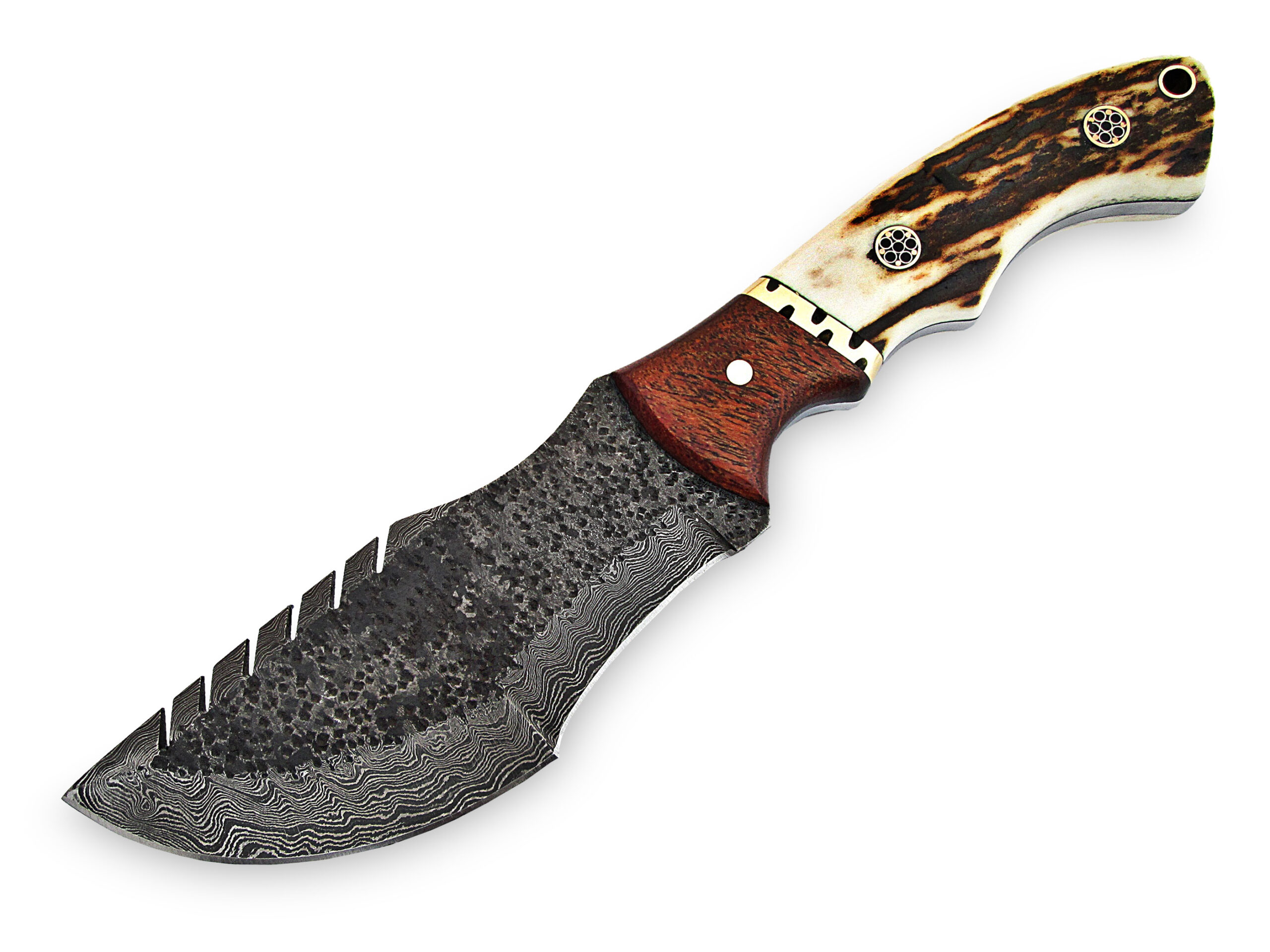 Custom Made Stag Handle Hammered Damascus Tracker Knife