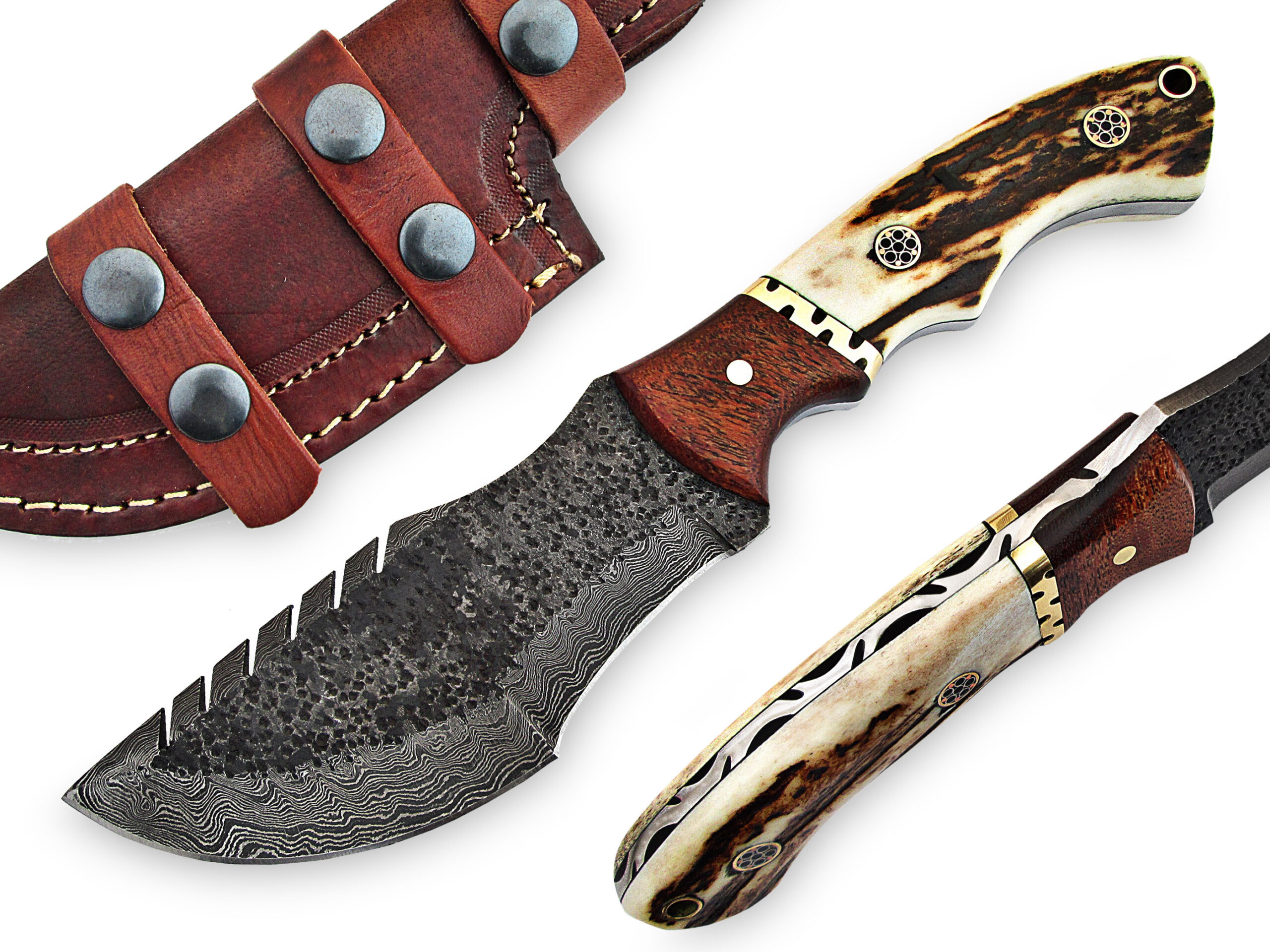 Custom Made Stag Handle Hammered Damascus Tracker Knife