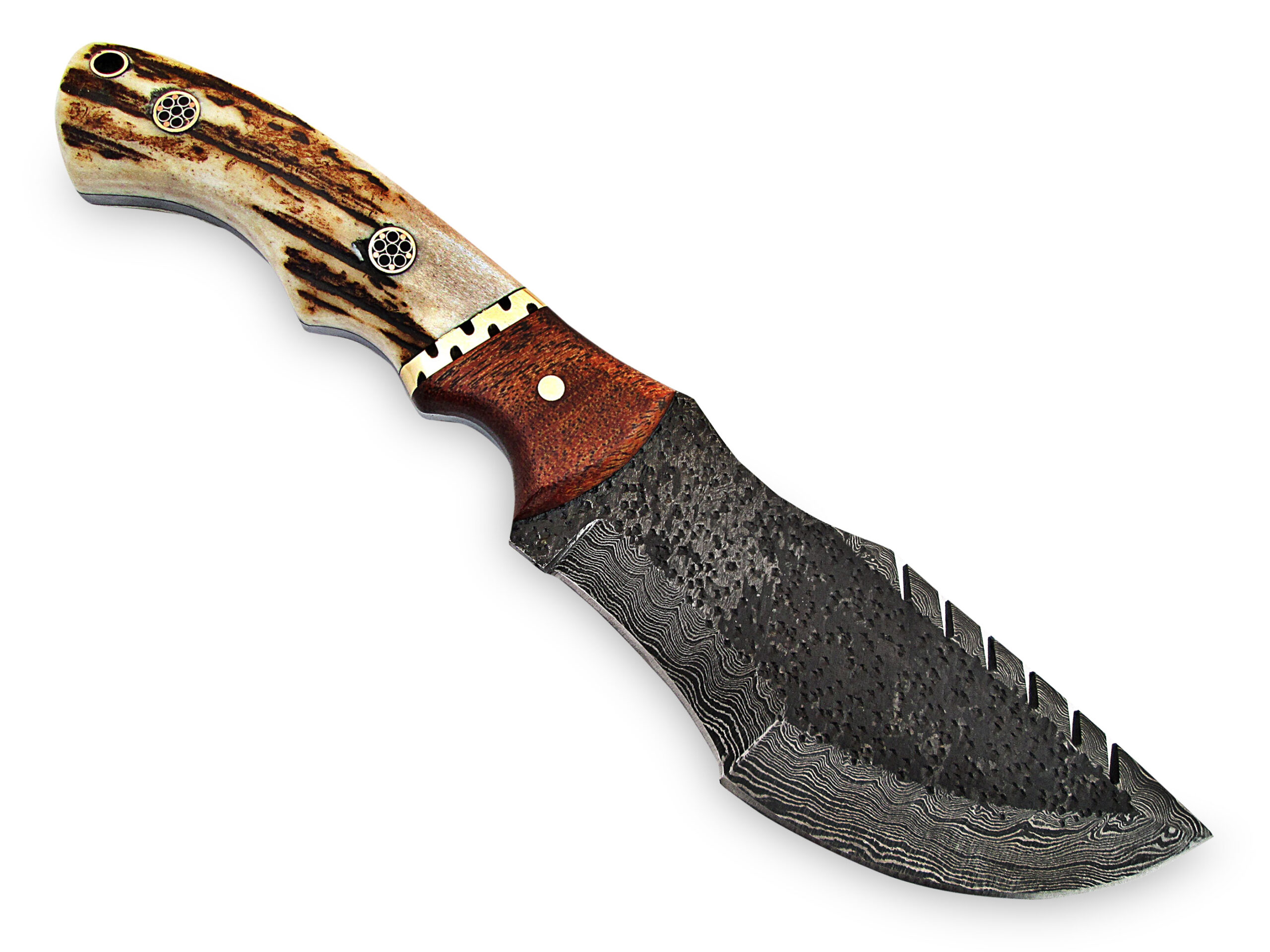 Custom Made Stag Handle Hammered Damascus Tracker Knife