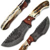 Custom Made Stag Handle Hammered Damascus Tracker Knife