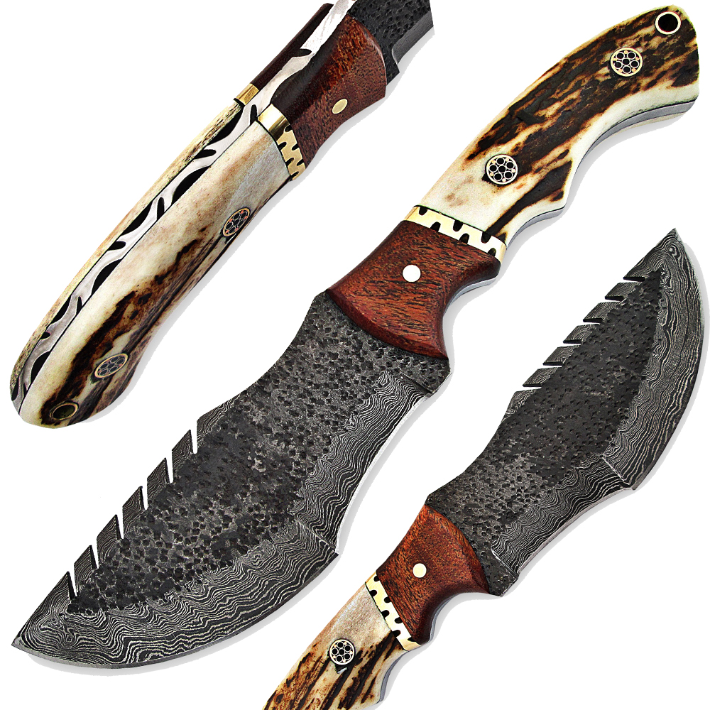 Custom Made Stag Handle Hammered Damascus Tracker Knife