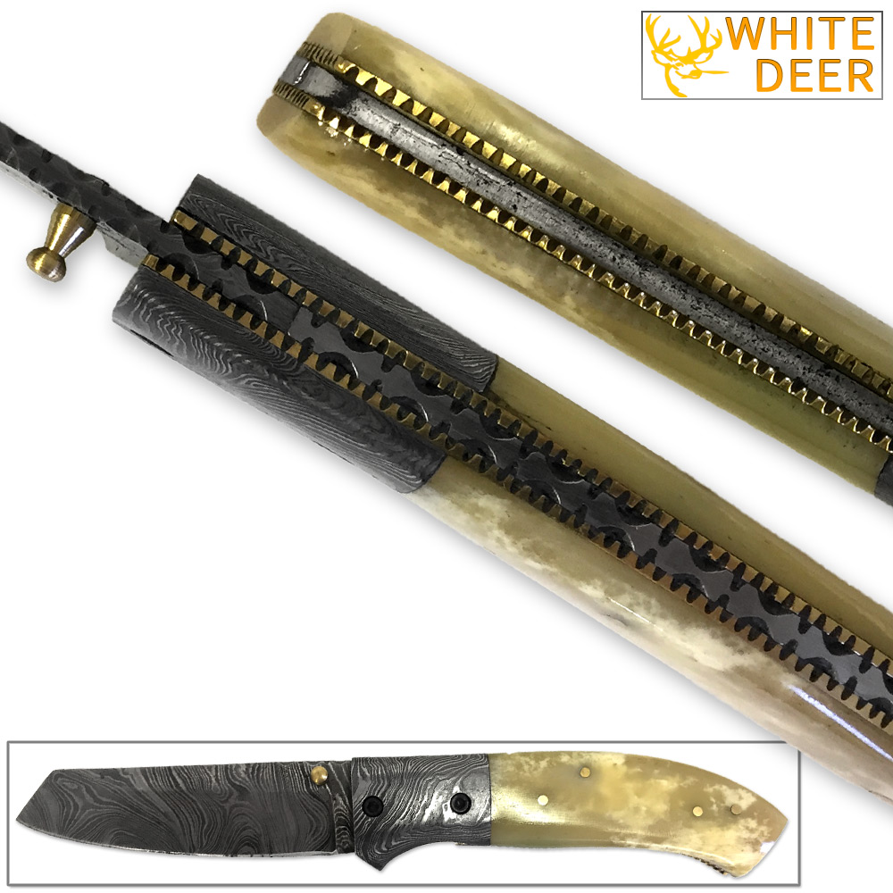 White Deer Spey Point Wharn-Blade Folding Damascus Knife Buffalo Bone Handle