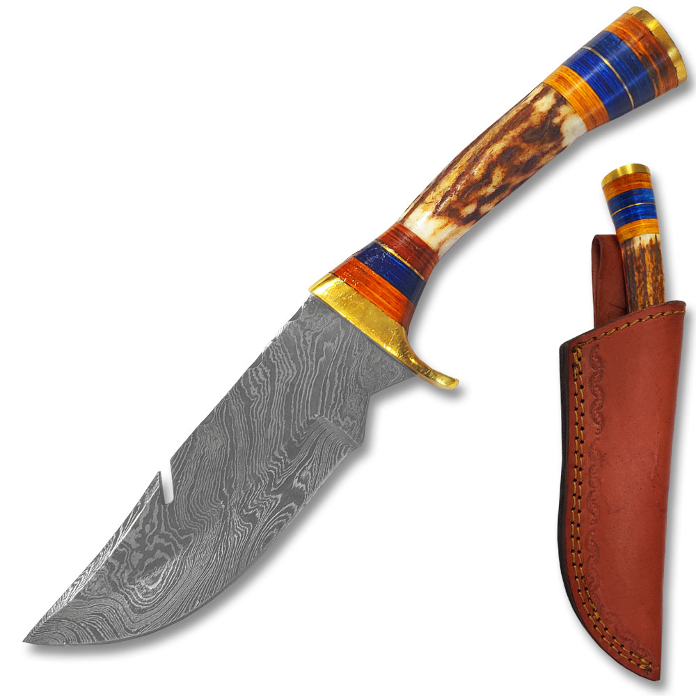 Custom Stag Curved Handle with Frost Wood & Brass Spacer Damascus Hunting Knife